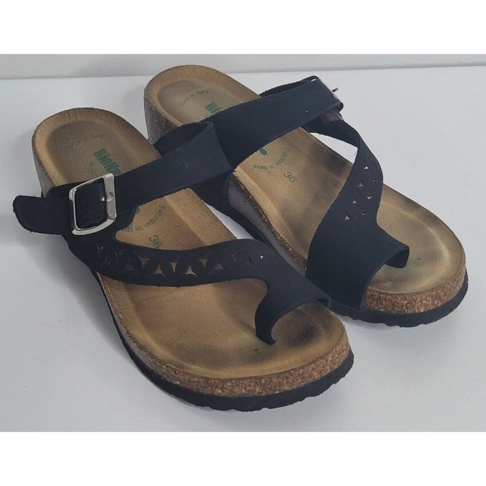BIONATURA Nubuk Leather Black Cork Sandals Made in Italy‎ Size 36 US 5 Wedge